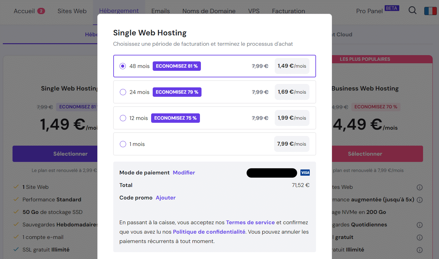 Les tarifs de l'hébergement hostinger le moins cher pour un site vitrine