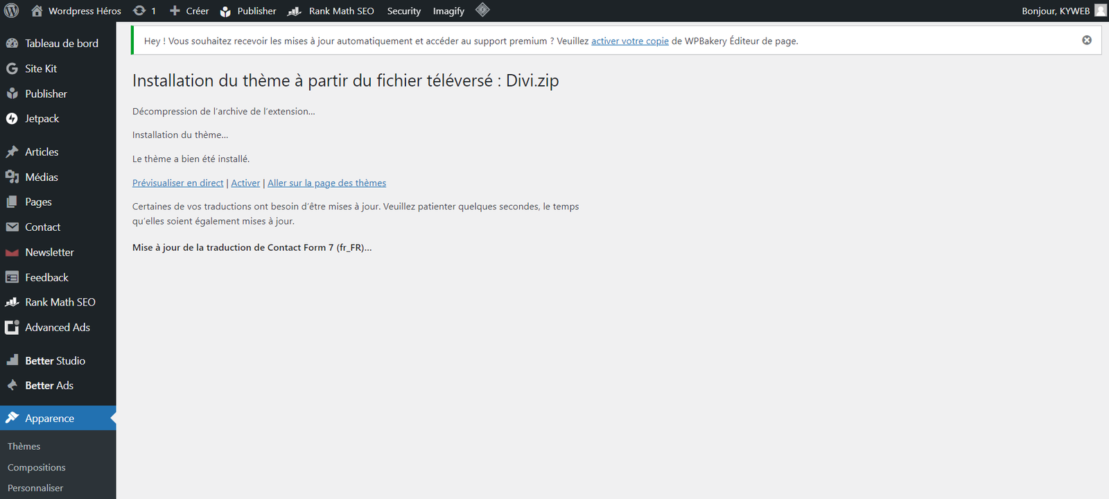 Activer ou prévisualiser le thème wordpress installer